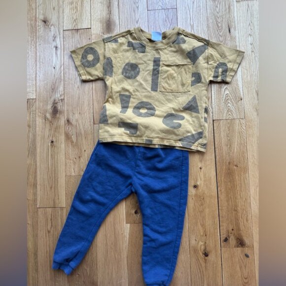 Zara Kids Toddler Boy 2-3 Outfit Mustard Geometric T-Shirt Blue Joggers Sweats - Picture 4 of 11